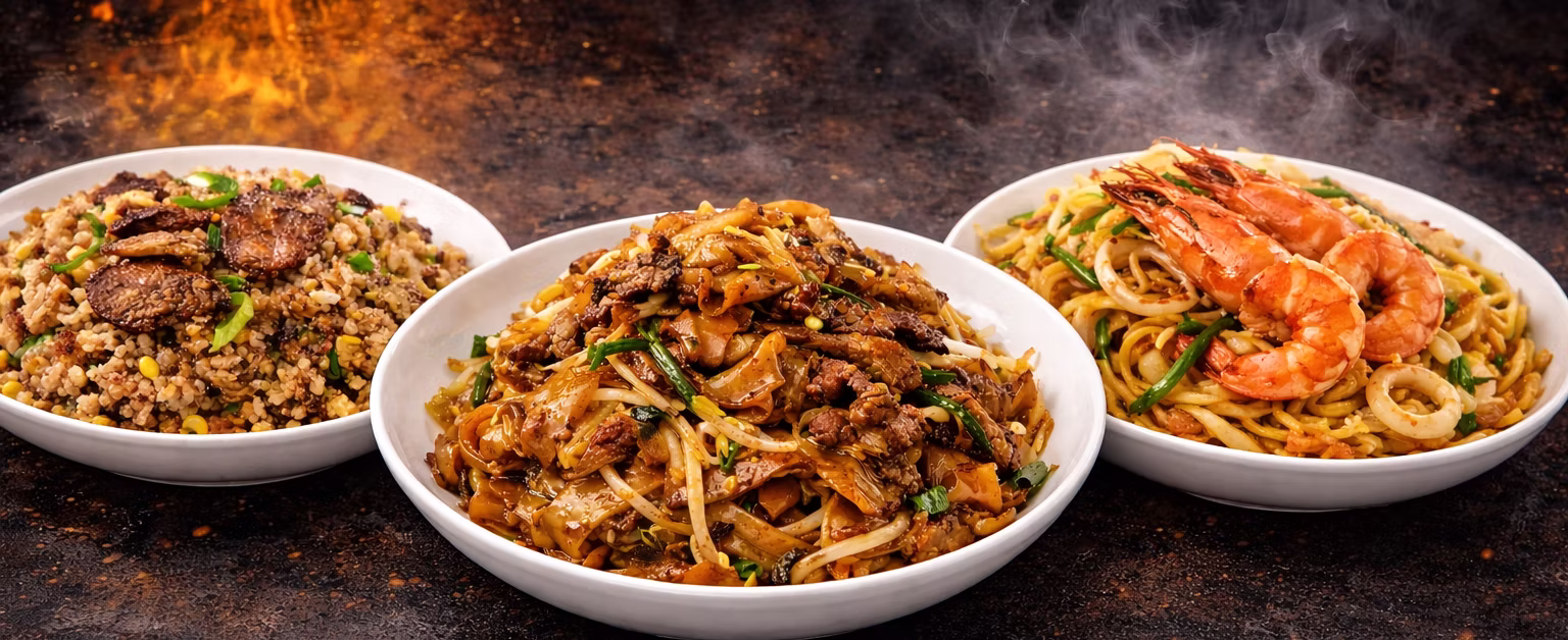 Wok cooking with blazing flames